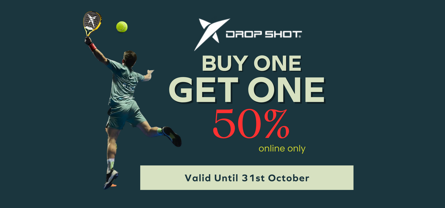 Promotional advertisement for 'Drop Shot' with a padel player and sale offer on all drop shot padel products - but one et one 50% off