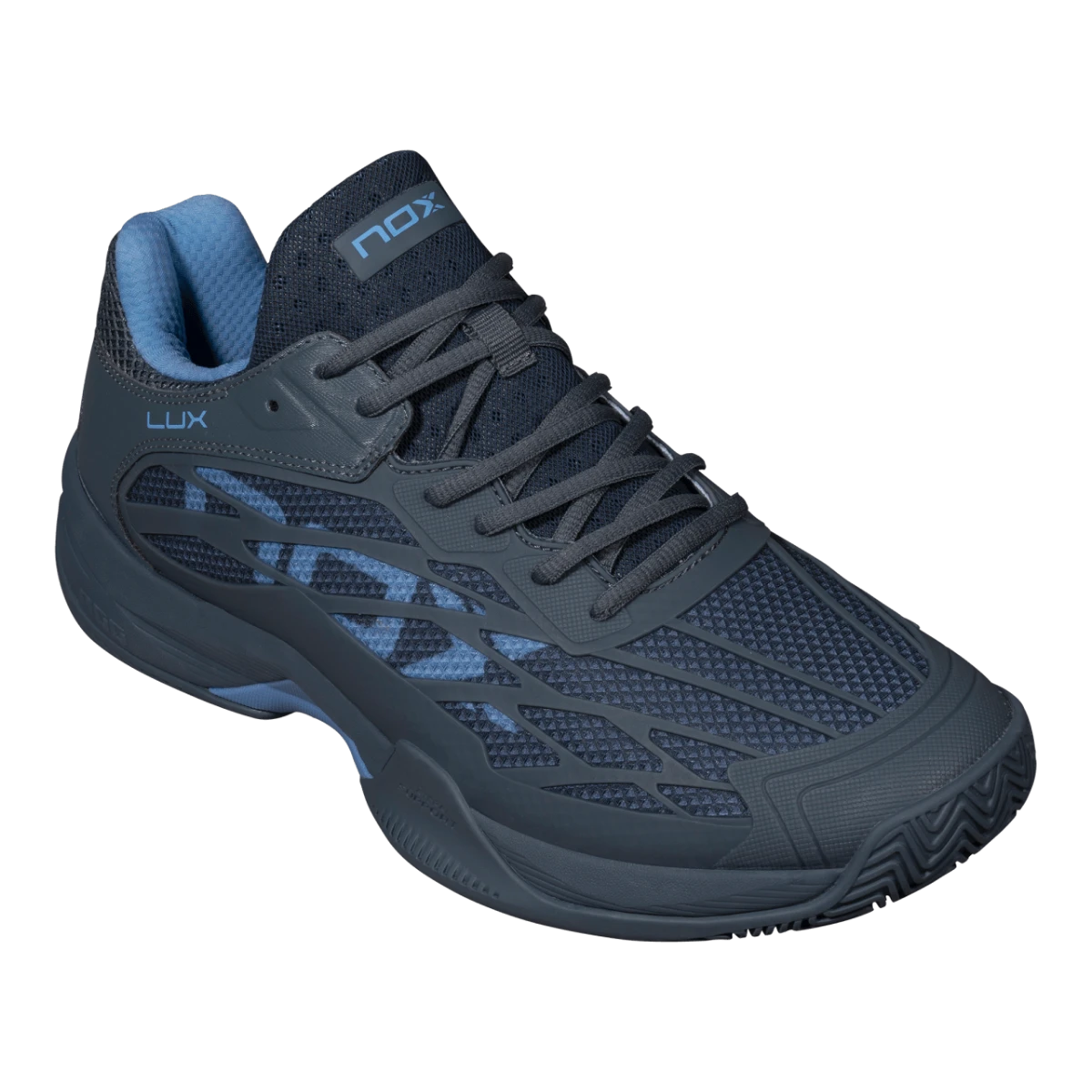 NOX AT10 LUX 2026 padel shoes Black/Blue, front three-quarter view