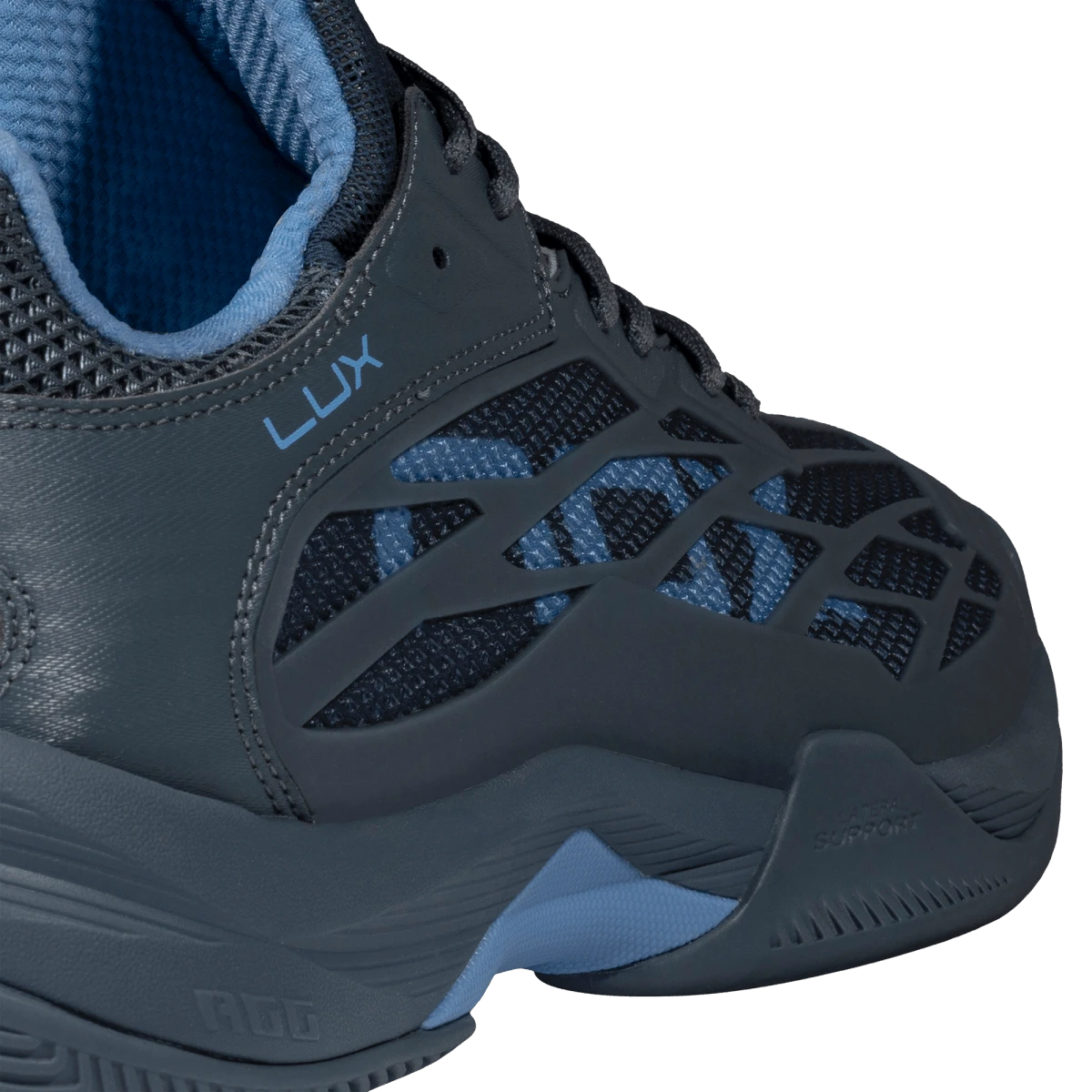 NOX AT10 LUX 2026 padel shoes Black/Blue, upper and LUX logo detail