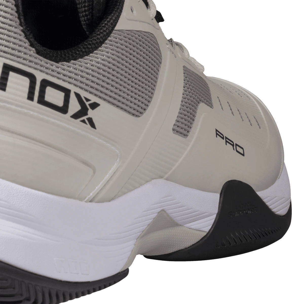 NOX AT10 PRO 2026 padel shoes Silver Birch/Black, upper and NOX logo detail